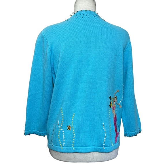Vintage Jack B. Quick blue mermaid sequin beaded embroidery sweater cardigan M - Picture 5 of 16